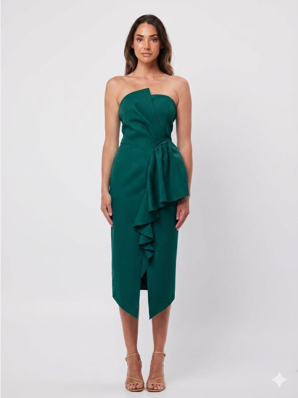 Elliatt Emerald Green Reception Strapless Asymmetric Midi Dress - US 8 (Medium)